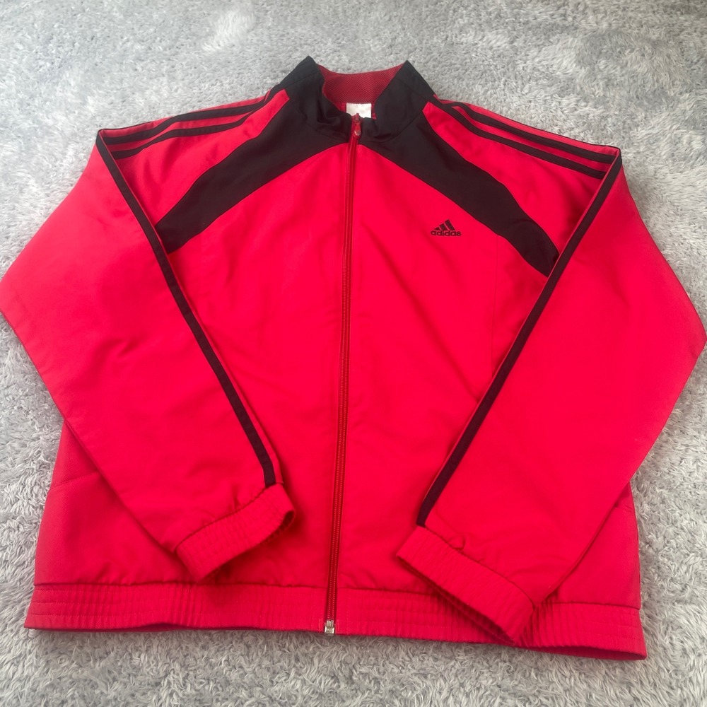 Adidas Track Jacket Womens Large Red Black Full Zip 3 Stripe‎ AV1001